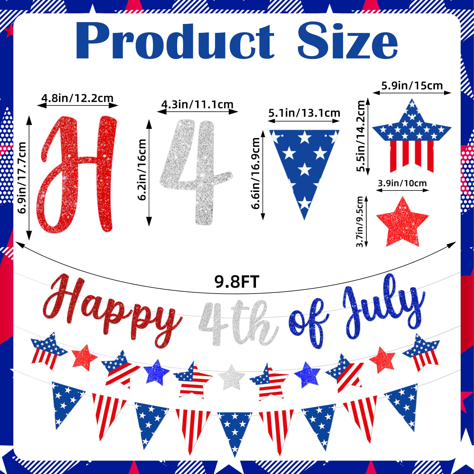 Happy 4th of July Patriotic Banner Garland, Pre-Strung Cardboard Stars and Pennants, Red White Blue USA Flag Stars and Stripes for Independence Day