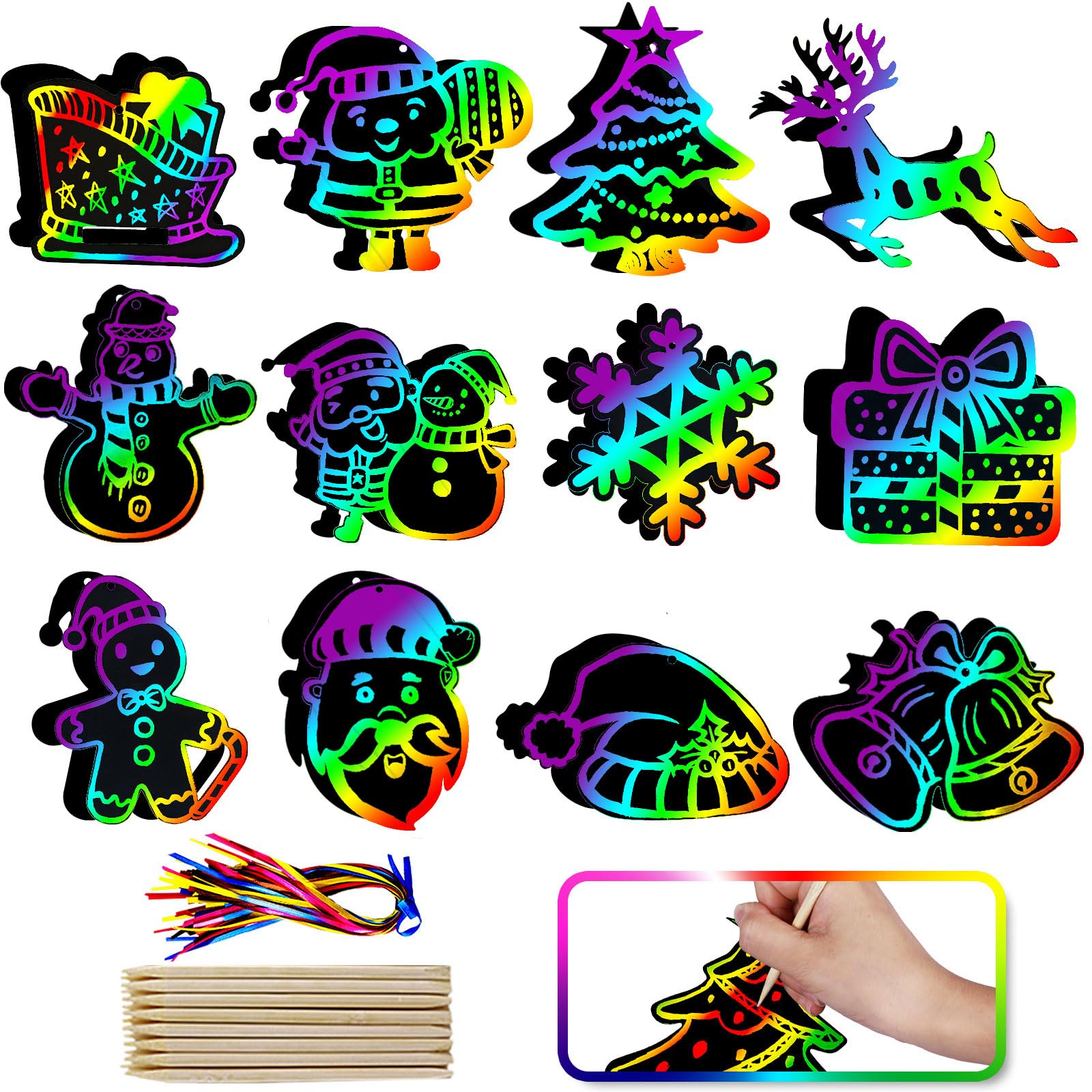 Max Fun Christmas Crafts Scratch Art for Kids, 96PCS Ornaments Rainbow Magic Color Scratch Off Cards Paper Hanging Art Craft Supplies Educational Toys