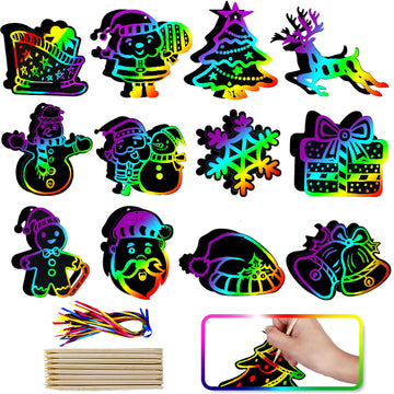 Max Fun Christmas Crafts Scratch Art for Kids, 96PCS Ornaments Rainbow Magic Color Scratch Off Cards Paper Hanging Art Craft Supplies Educational Toys