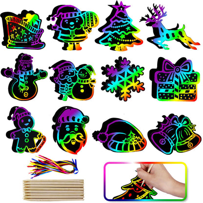 Max Fun Christmas Crafts Scratch Art for Kids, 96PCS Ornaments Rainbow Magic Color Scratch Off Cards Paper Hanging Art Craft Supplies Educational Toys