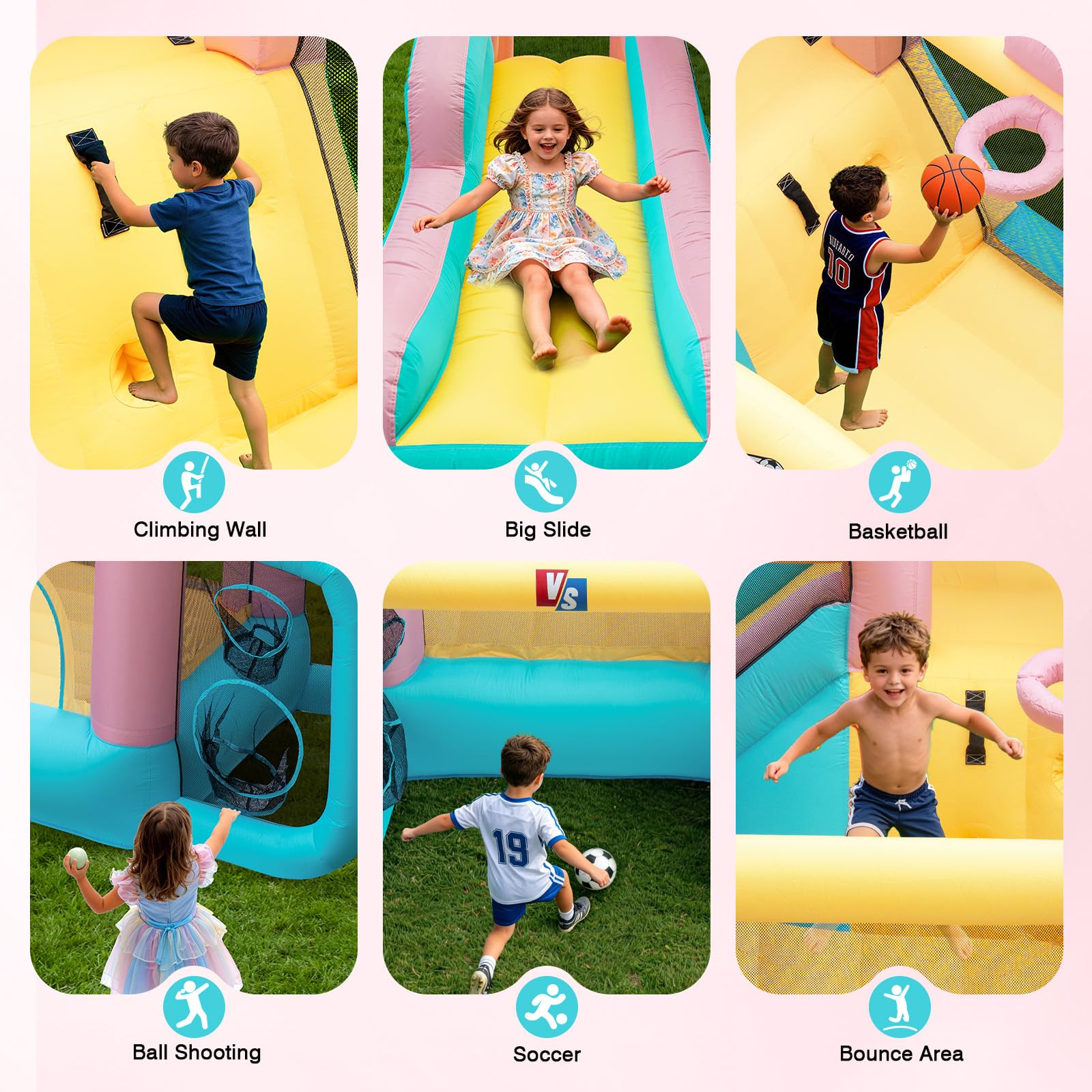 Inflatable Bounce House with Air Blower for Kids, 6 in 1 Jump Bounce House with Slide,Inflatable Jump House with Climbing Wall, Soccer Goal