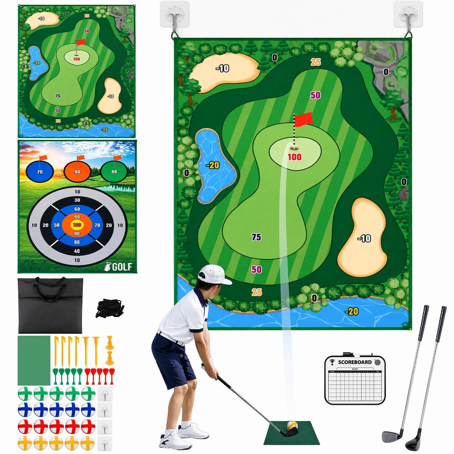 SMOCEN Battle Golf Game Set, Double-Sided Backyard Golf Chipping Game with Golf & Dart Targets, 6×4FT Indoor Golf Mat, Indoor Outdoor Golf Game