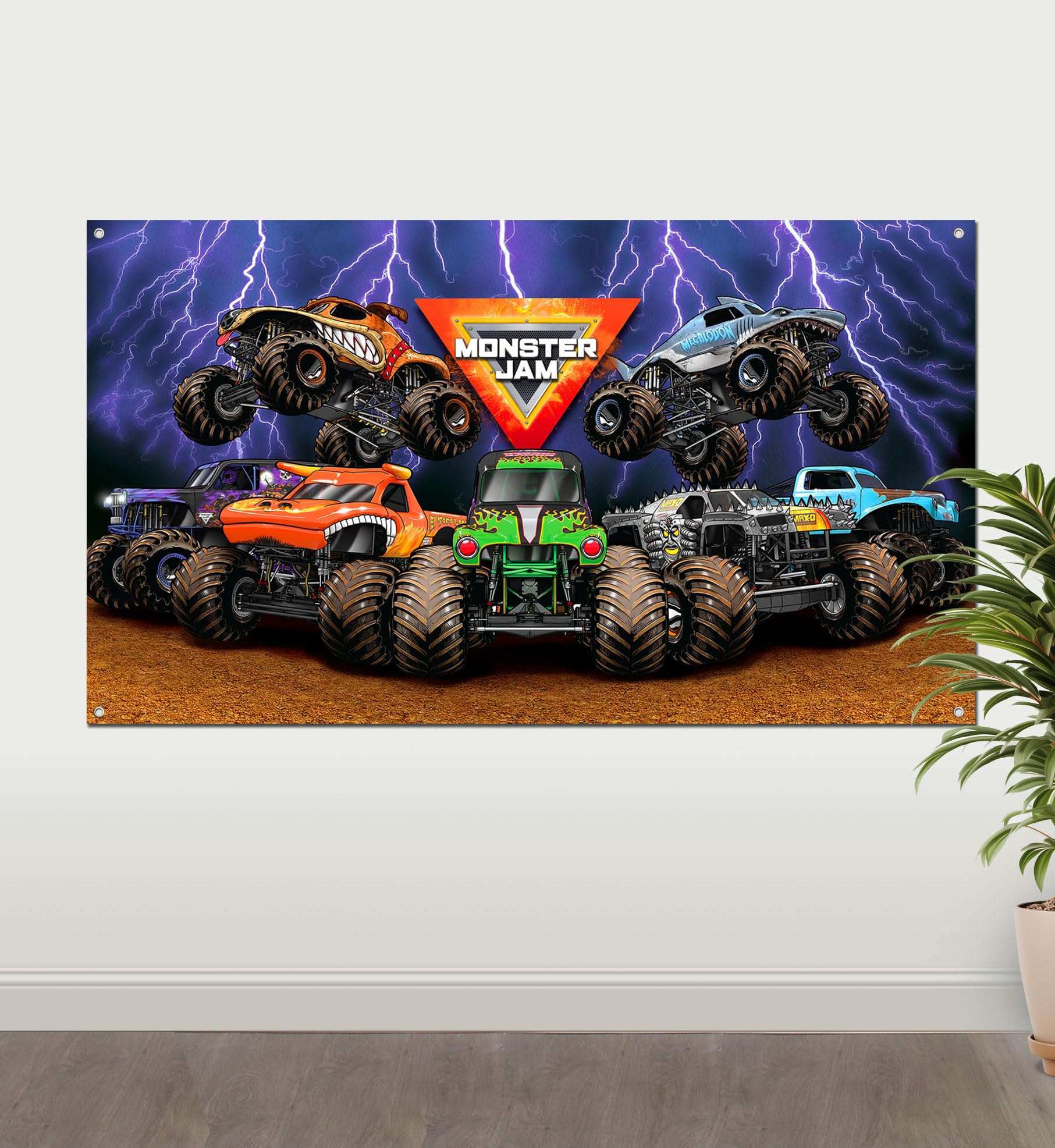 Monster Jam Party Games Collection: Balloons, Wall Decoration, Favor Boxes, Photo Booth Props (Wall Banner)