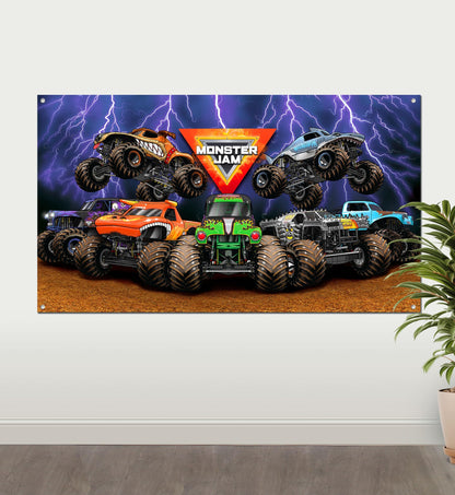 Monster Jam Party Games Collection: Balloons, Wall Decoration, Favor Boxes, Photo Booth Props (Wall Banner)