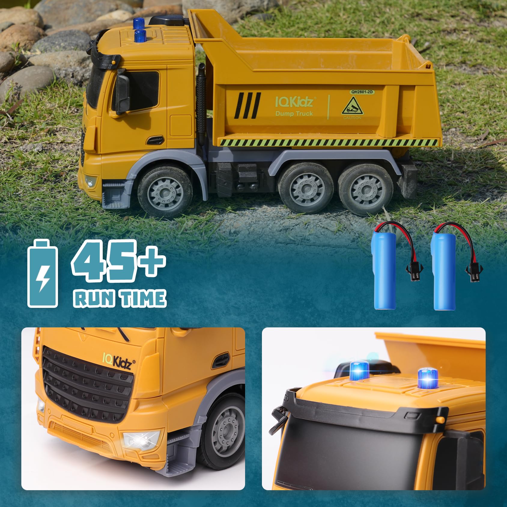 IQKidz Remote Control Dump Truck Toys - RC Construction Vehicles with Blue Warning Lights, Trucks Toy for Boys Girls 3 4 5-7 8 9 10 Year Old and Up