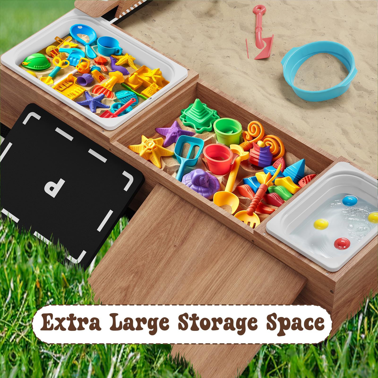 IDEA FAMILY Kids Wooden Sandbox with Fun Sand Play Theme,2 Toy Buckets & 3 Reinforced Benches Outdoor Sand Box for Backyard Garden Patio Lawn Cedar