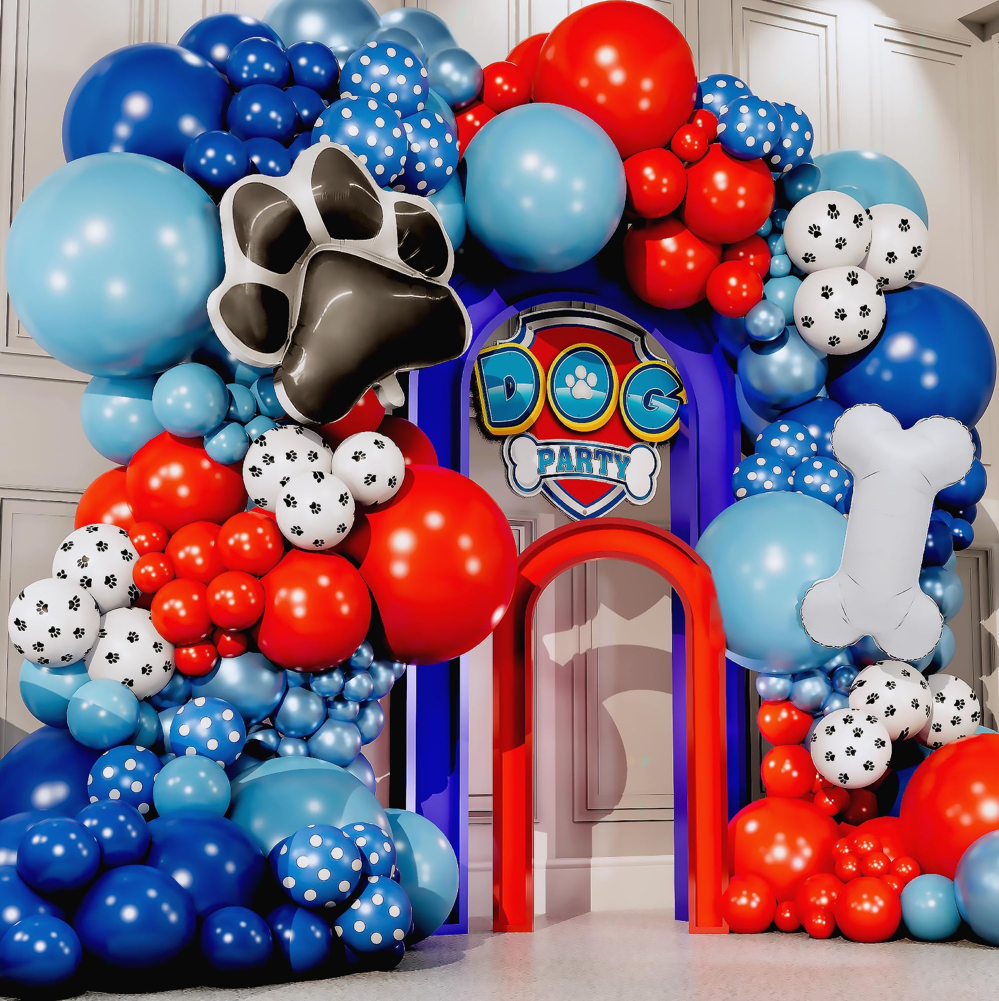 ALL-IN-1 Paw Balloon Arch & Garland Kit with BONUS Dog Bone - Small and Large Red, Dark Blue Paw Balloons - Paw Birthday Party Decorations & Supplies