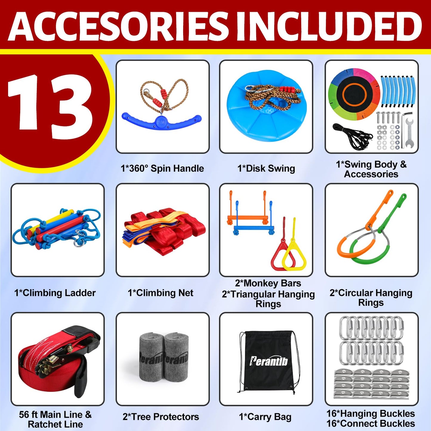 Ninja Warrior Obstacle Course for Kids 56ft Slackline with 11 Accessories