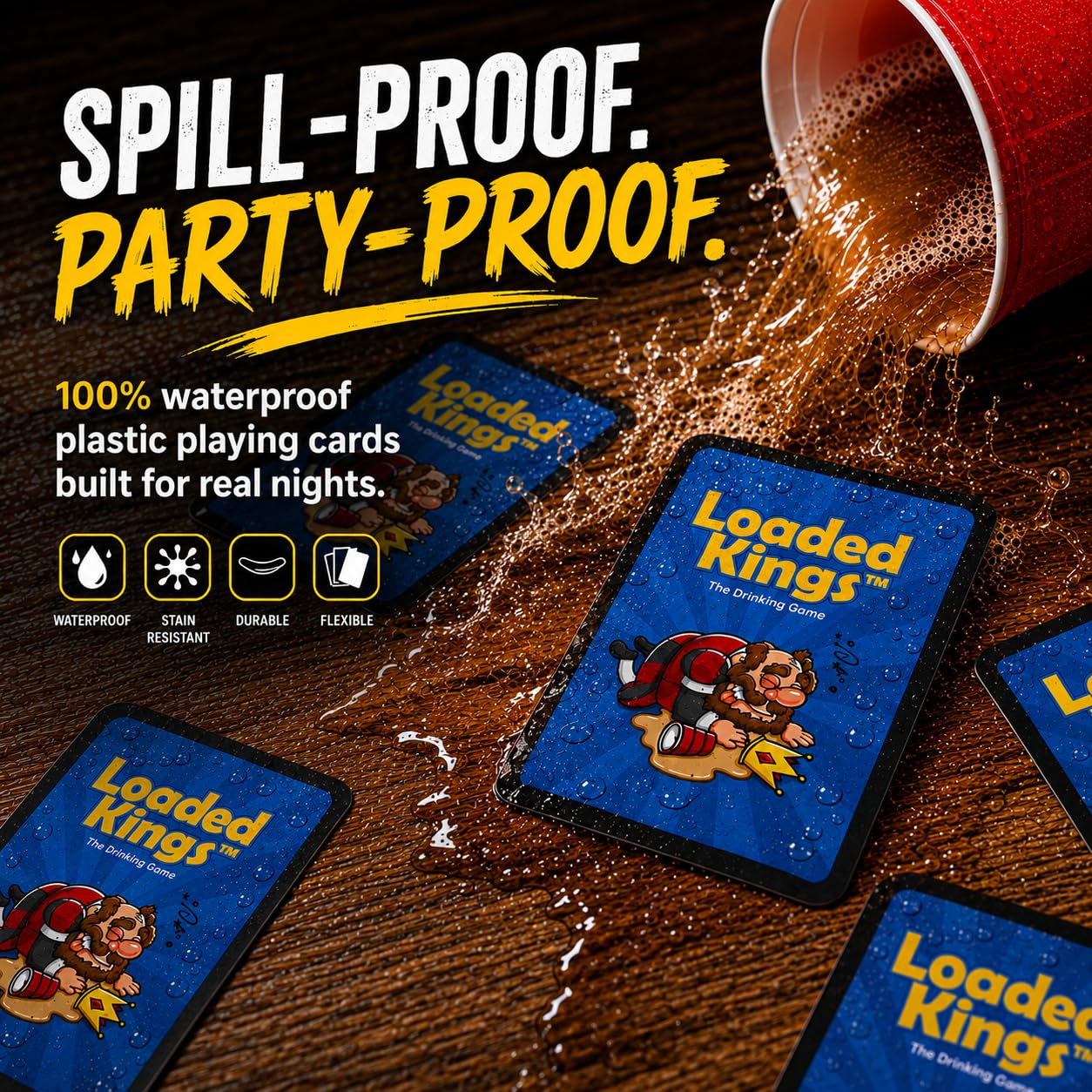 Loaded Kings Drinking Card Game for Adults - Waterproof Kings Cup Style Party Game with Custom Rules Cards - Fun College, Bachelor, Bachelorette