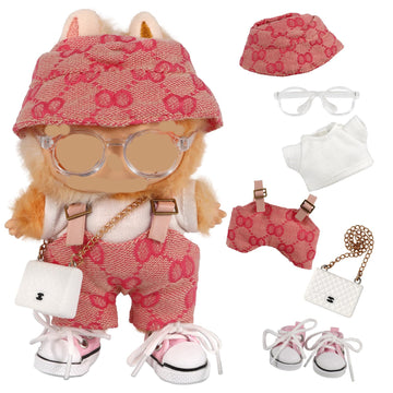 Ynottek Clothes for Labubu, Six-Pieces Set (No Doll ) for 15/17 CM Dolls, Including Clothes, Hats, Pants, Shoulder Bags, Shoes, Glasses,Underwear
