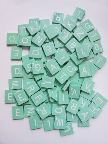 Cyan Teal with White Letters Wood Scrabble Tiles Set 100 Tiles ~ Game Replacement, Scrapbooking, Crafts, Messages, Etc Packages of 100 Letters