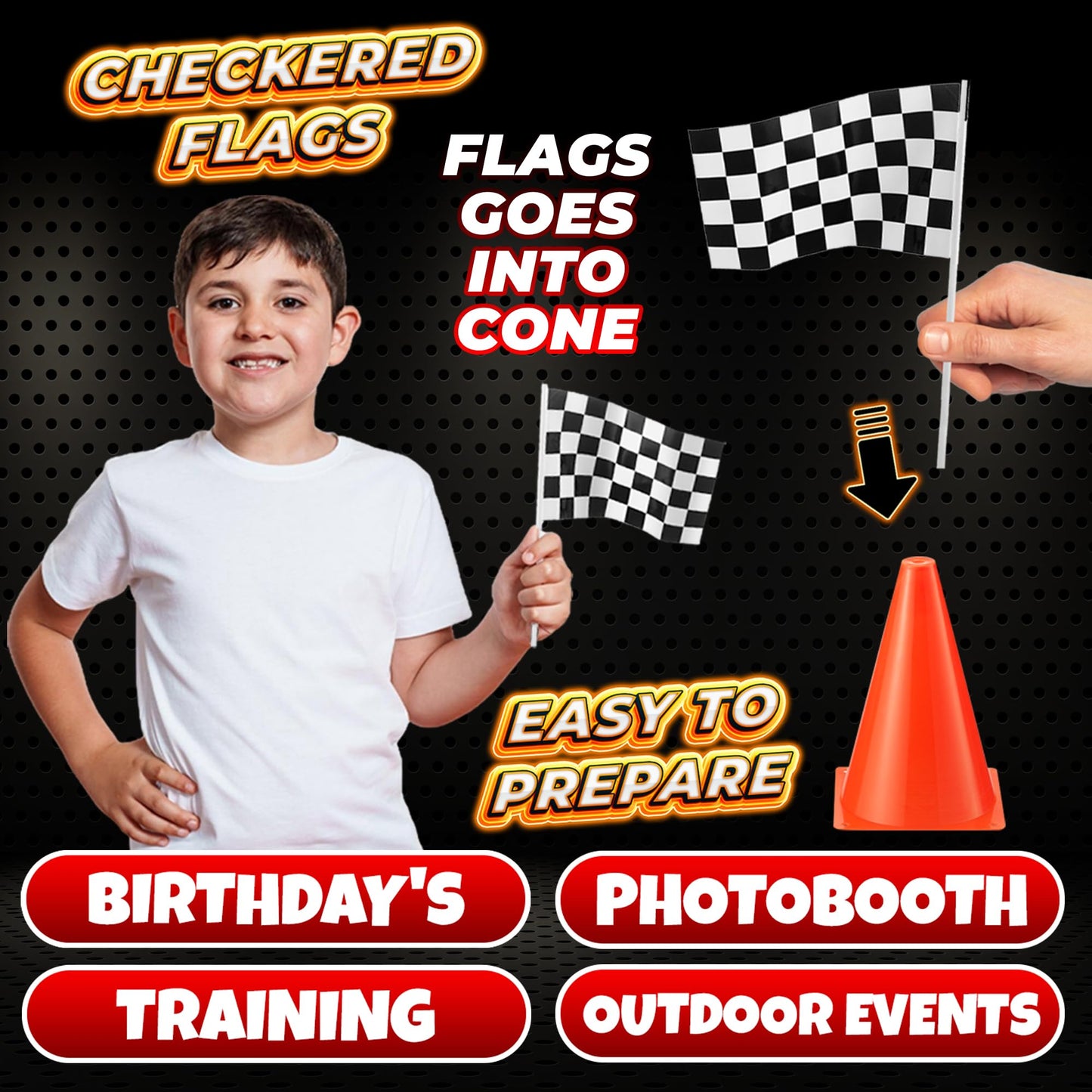 Bedwina Race Car Birthday Party Decorations - (36 Pcs) 12 - 8-Inch Orange Mini Cones for Kids & 24 Black & White Checkered Flags on Sticks - Race Car