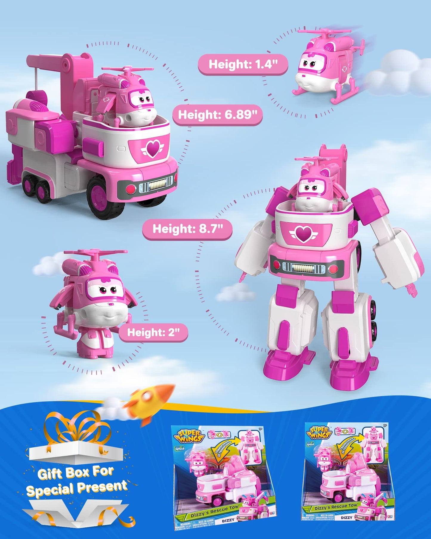 Super Wings - 7' Dizzy's Rescue Tow with 2' Pink Transform-a-Bot Mini Figure,Transforming Airplane Toy Vehicle Set,Toy for 3 4 5 Year Old Boys