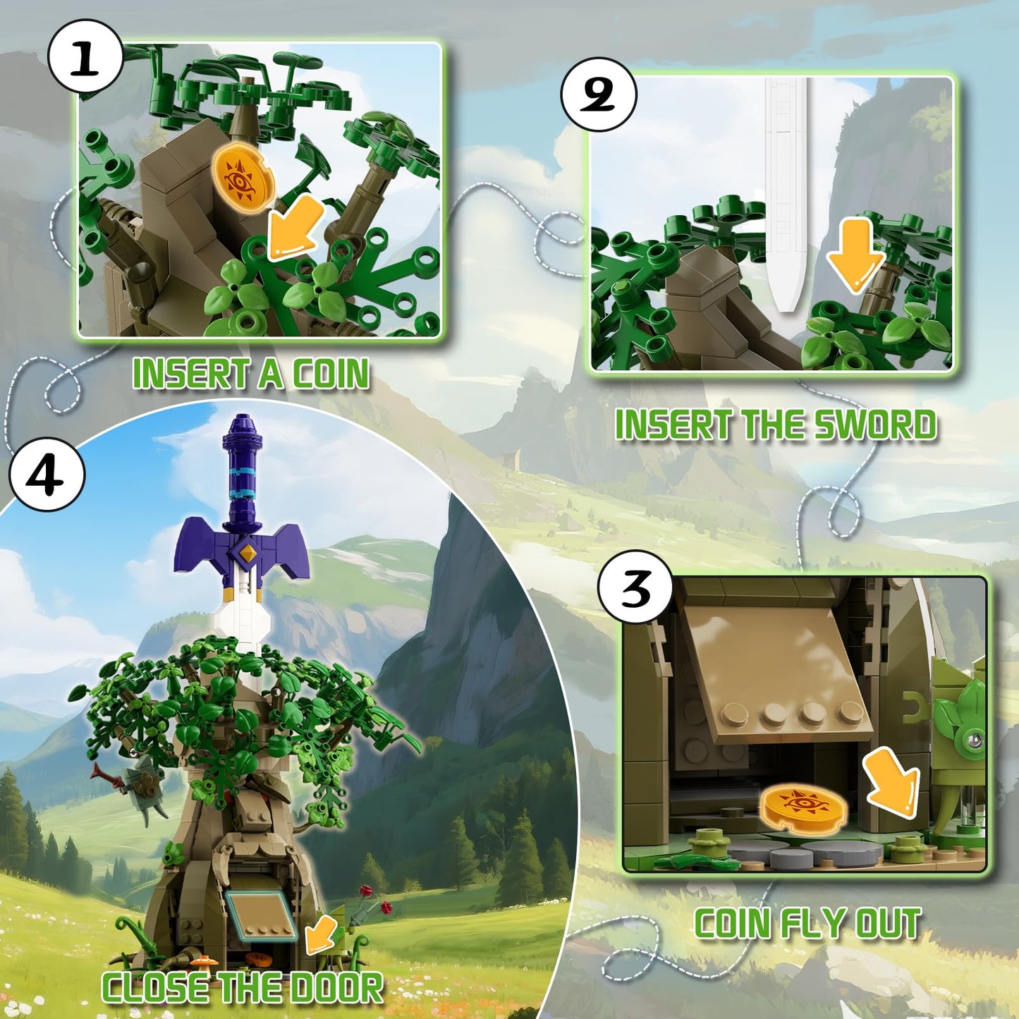 Tree & Sword Building Block Set for Boys, Compatible with Lego Set, Luminous Sword & Coin Toss Game, Magic Tree Game Action Figures Collectible Model