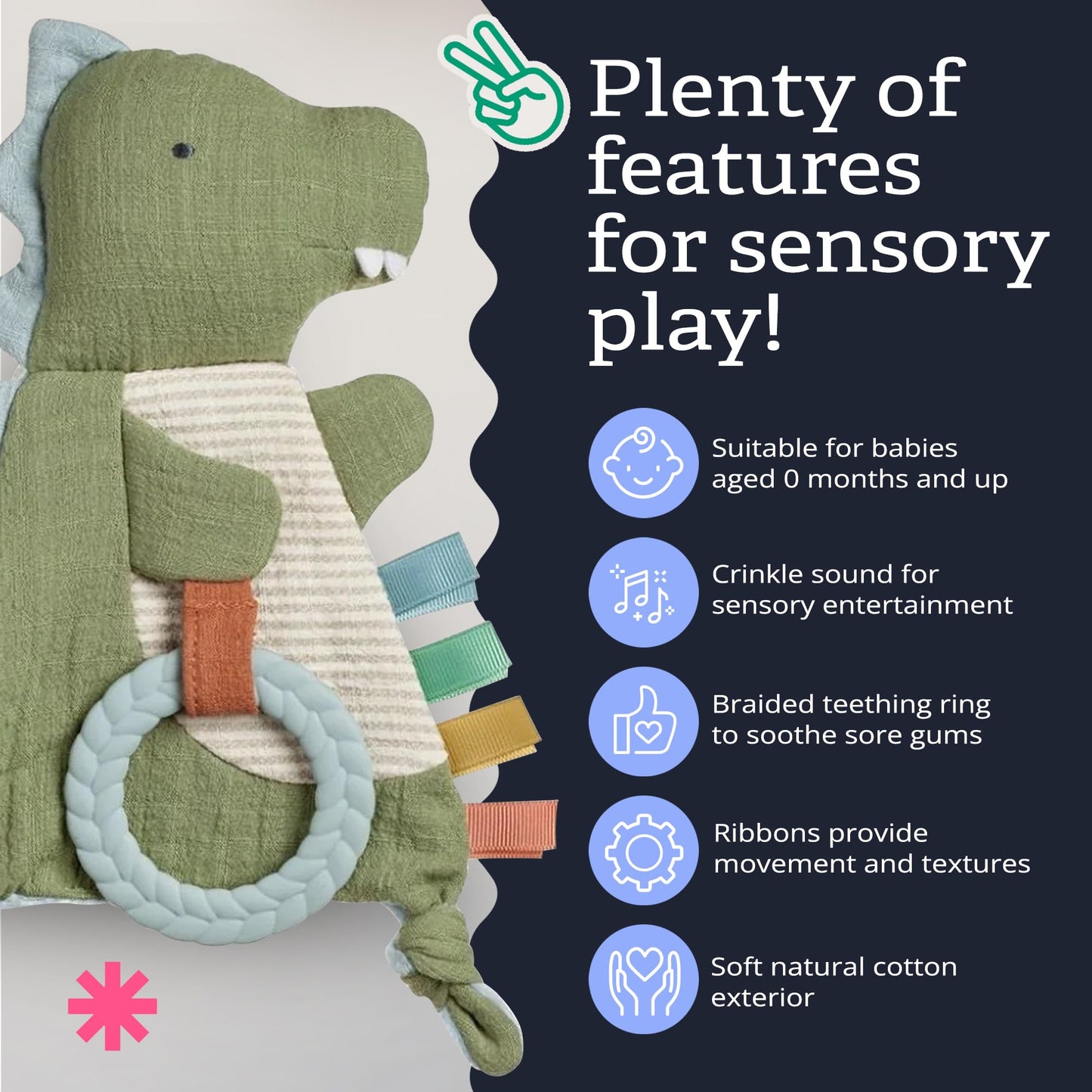Itzy Ritzy - Bitzy Crinkle Sensory Toy Dinosaur with Crinkle Sound for Babies & Toddlers - Features Soft Braided Teething Ring & Textured Ribbons