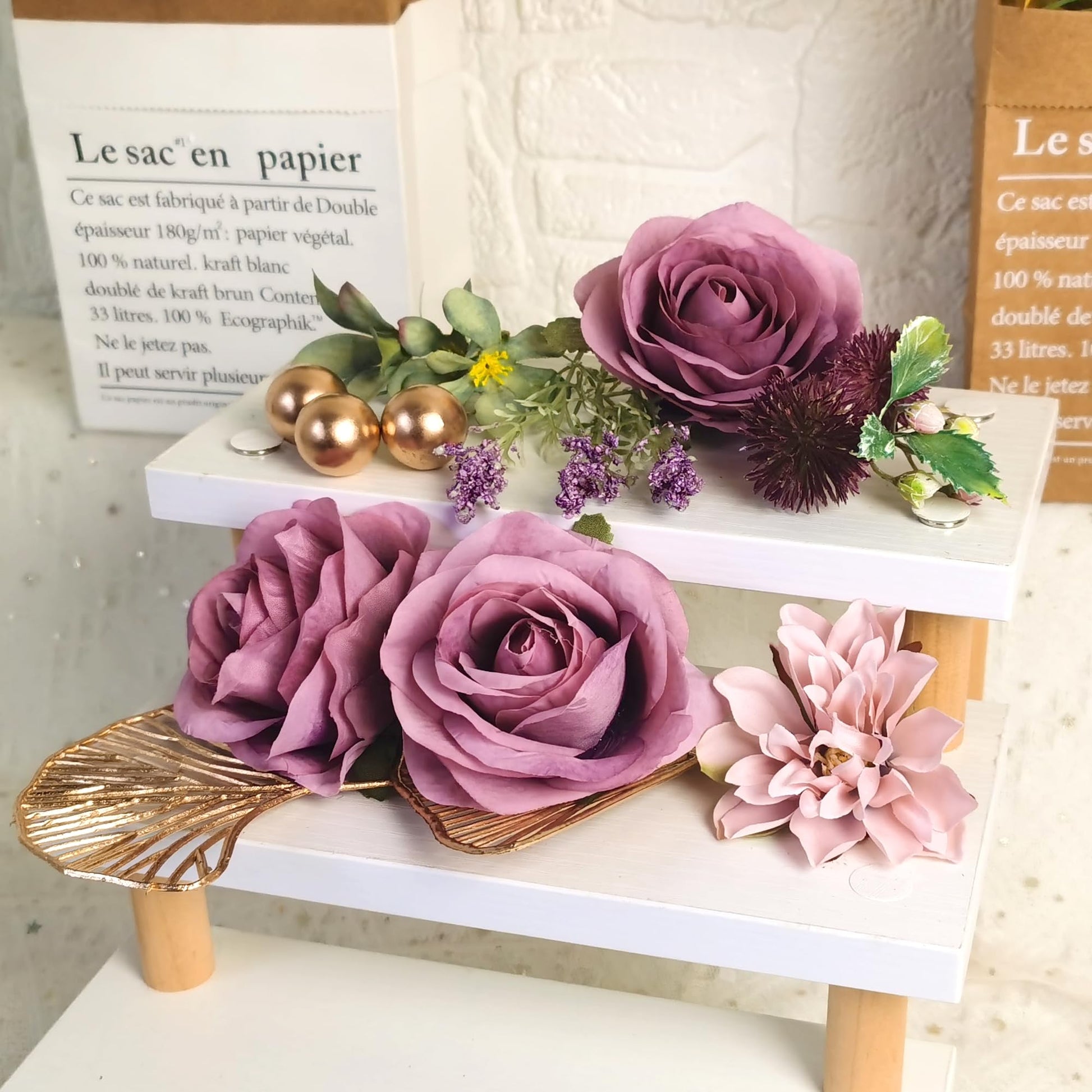 Flower Cake Toppers Happy Birthday Cake Toppers with Artificial Purple Rose Flowers Eucalyptu Leaves for Wedding Supplies (Purple)