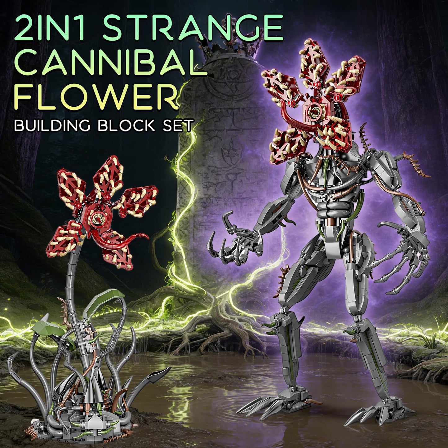 GHQYTPR 2 in 1 Strange Cannibal Flower Building Block Set 858 Pcs Sci-Fi TV Monster Model Kit for Adults & Teens Parallel Dimension Creature Action