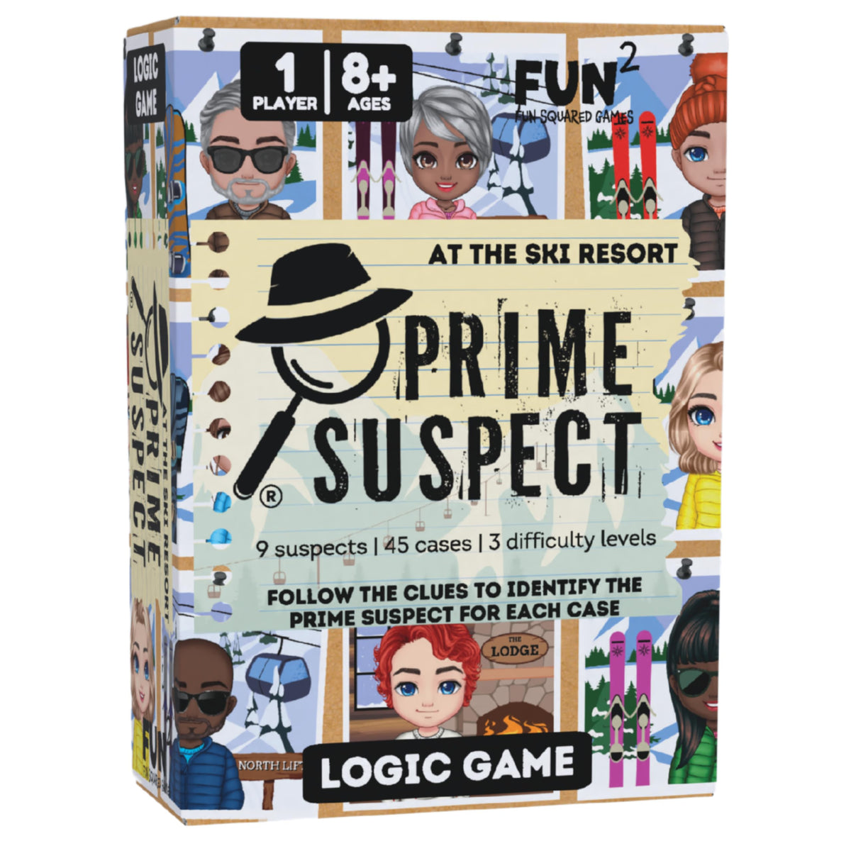Fun Squared Games Prime Suspect Logic Game with 45 Case Cards | Single Player or Group Play | Ages 8+ | Compact Brain Teaser Game | Detective Game