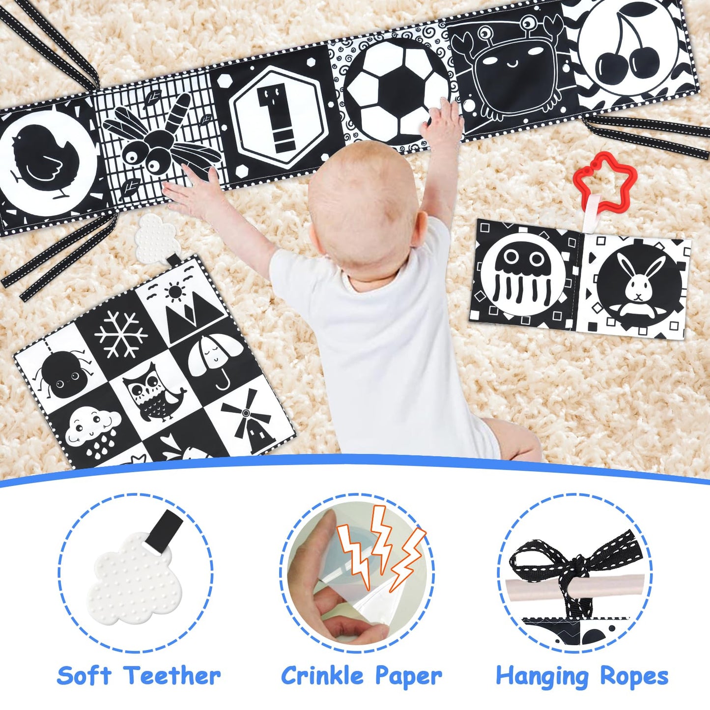 KUANGO Newborn Toys Black and White Baby Toys 0-3 Months High Contrast Baby Toys for Newborn - High Contrast Baby Soft Book Infant Tummy Time Toys
