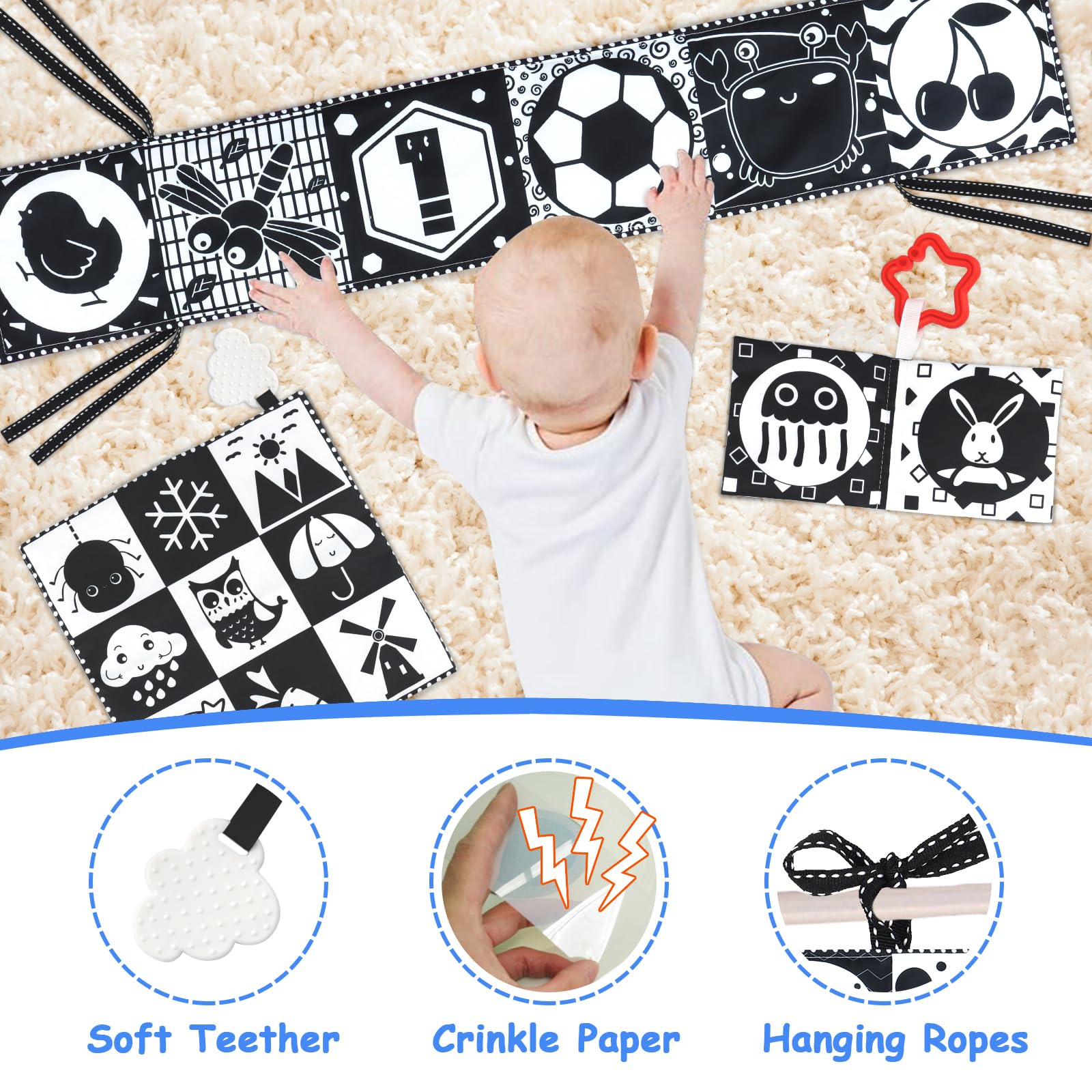 KUANGO Newborn Toys Black and White Baby Toys 0-3 Months High Contrast Baby Toys for Newborn - High Contrast Baby Soft Book Infant Tummy Time Toys