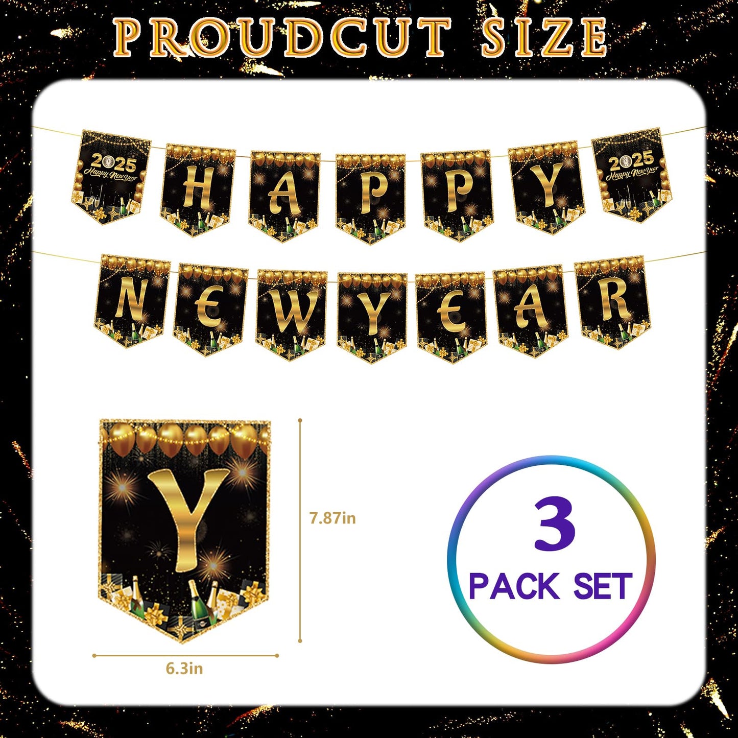 3 Pack Happy New Year Tablecloth with 3 Pack Banners, New Years EVE Party Supplies 2025, Black and Gold Rectangle Disposable Tablecloth and Banner