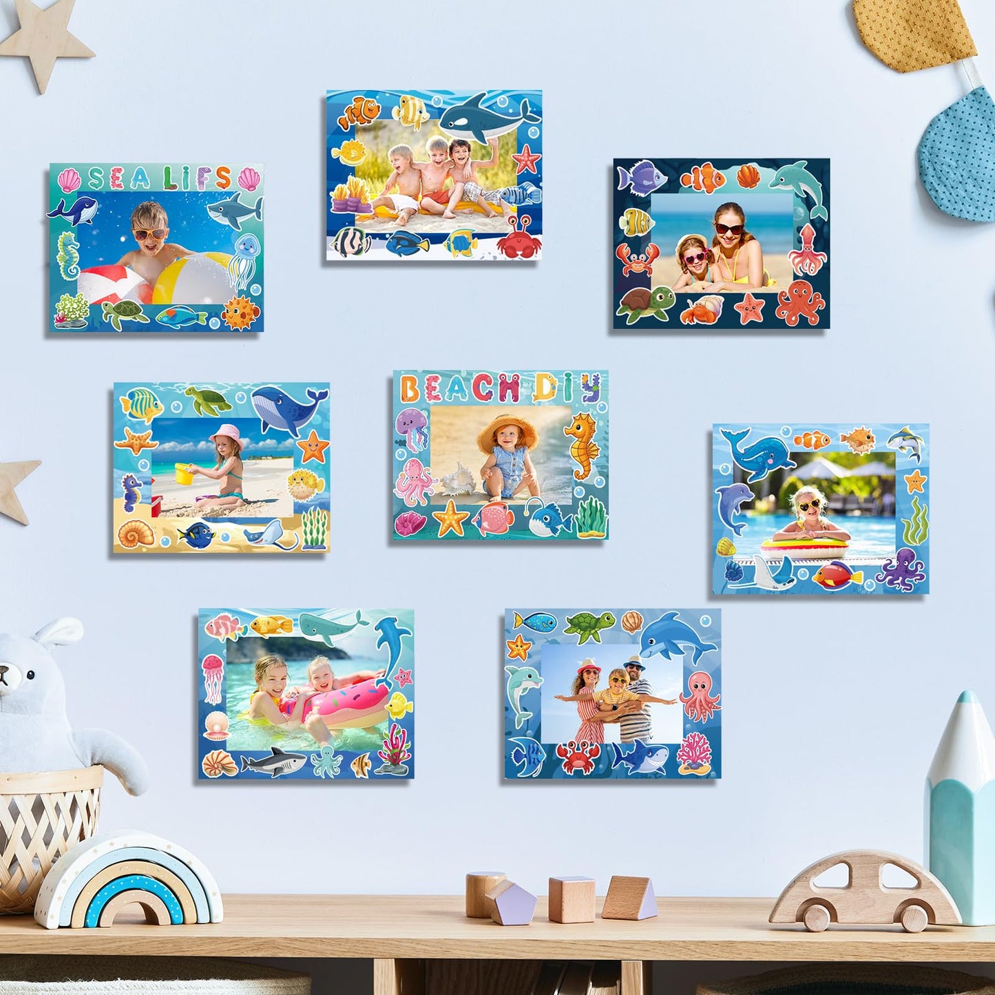 BLSUREFYX 64 Sets Under The Sea Picture Frame Craft 6.3 x 4.7 Inch Summer Ocean Photo Frame Crafts with Sea Animals Stickers for Kids School Classroom