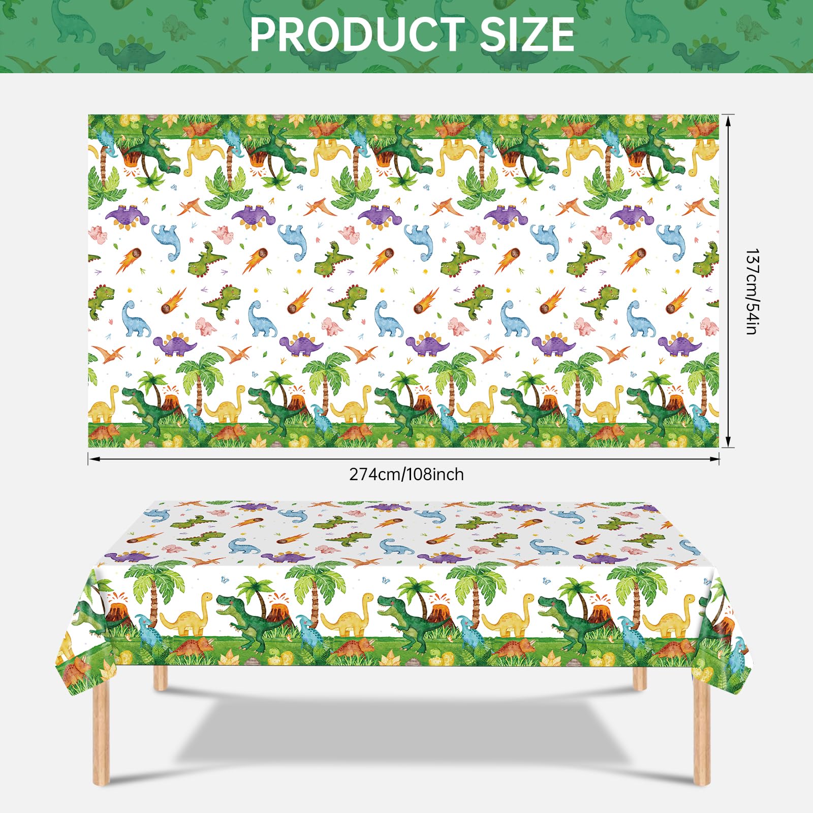 2 Pcs Dinosuar Tablecloth - Plastic Jungle Animal Dino Party Table Cover, Green Disposable Rectangle Dino Themed Table Cloth for Dinosaur Birthday