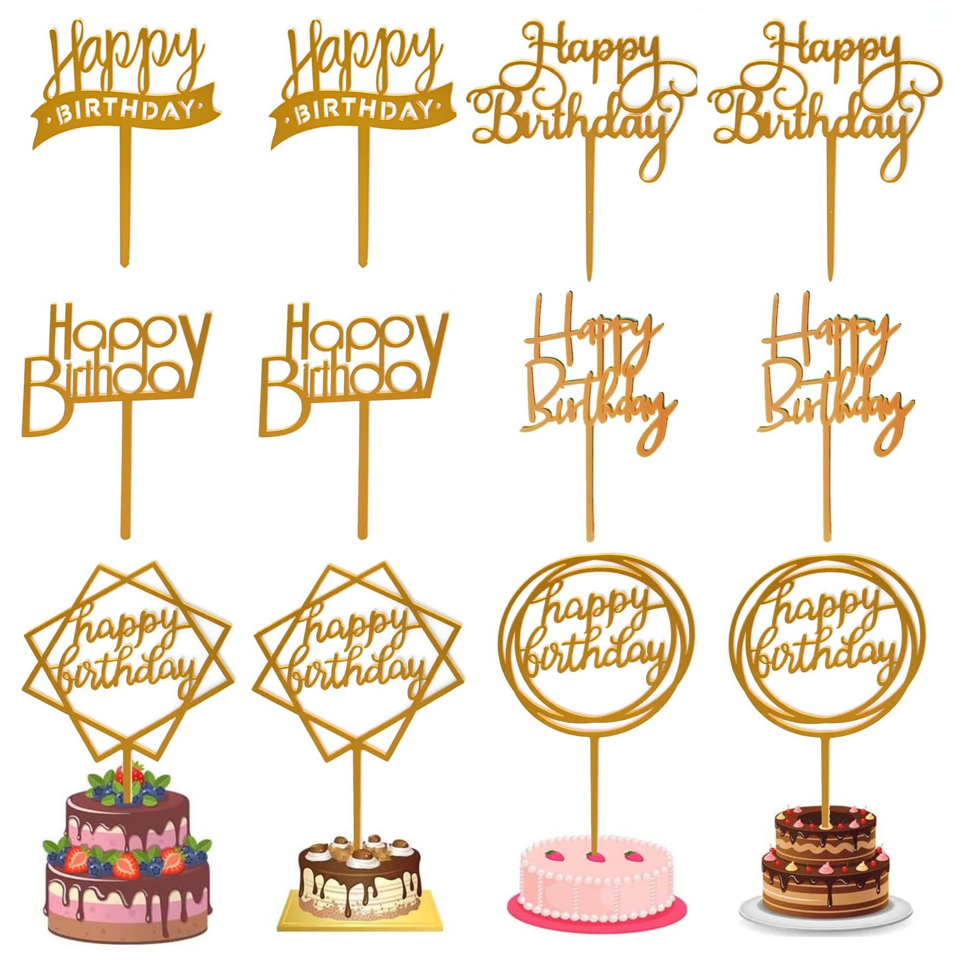 Chewarelly 12 Pack Multi Styles Birthday Cake Topper Set, Acrylic Cake Bunting Decor Birthday Cake Picks Party Decorations Supplies(Gold)