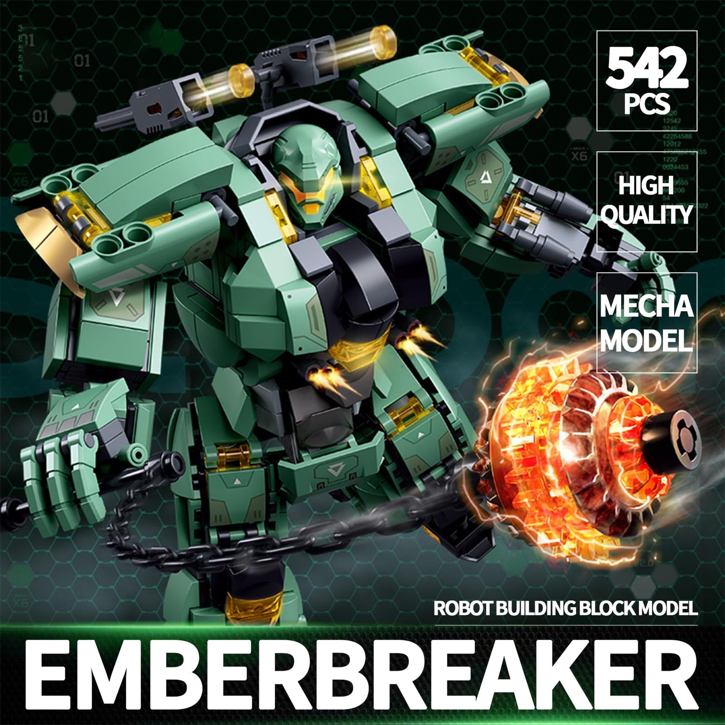 LQPFBSM Green Heavy Mecha Building Set 542 Pieces Armored Robot Action Figure with Meteor Hammer Weapon Articulated Military Warrior Model Kit Sci-Fi