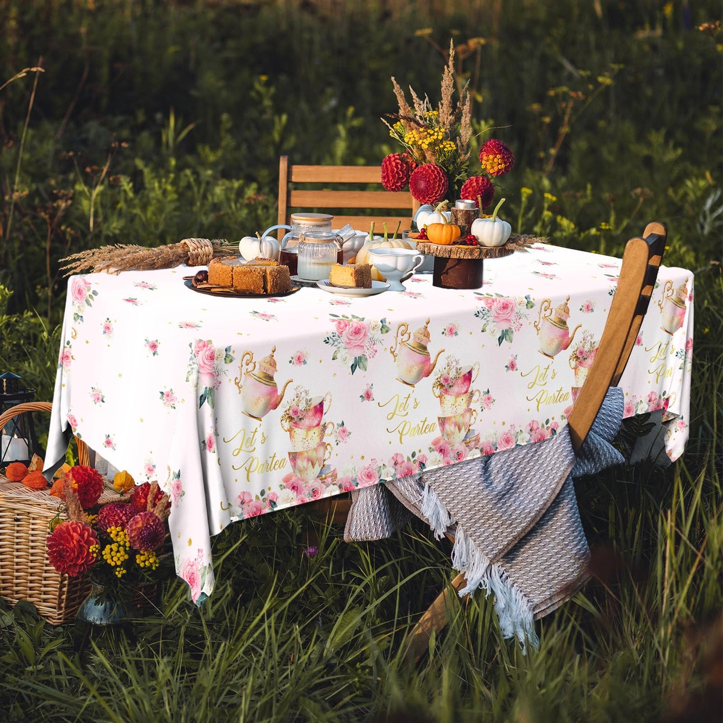 Dydamud Pink Floral Tea Party Tablecloth, Girls Tea Party Birthday Supplies 3pcs Let's Partea Spring Disposable Table Cover for Baby Shower, Floral