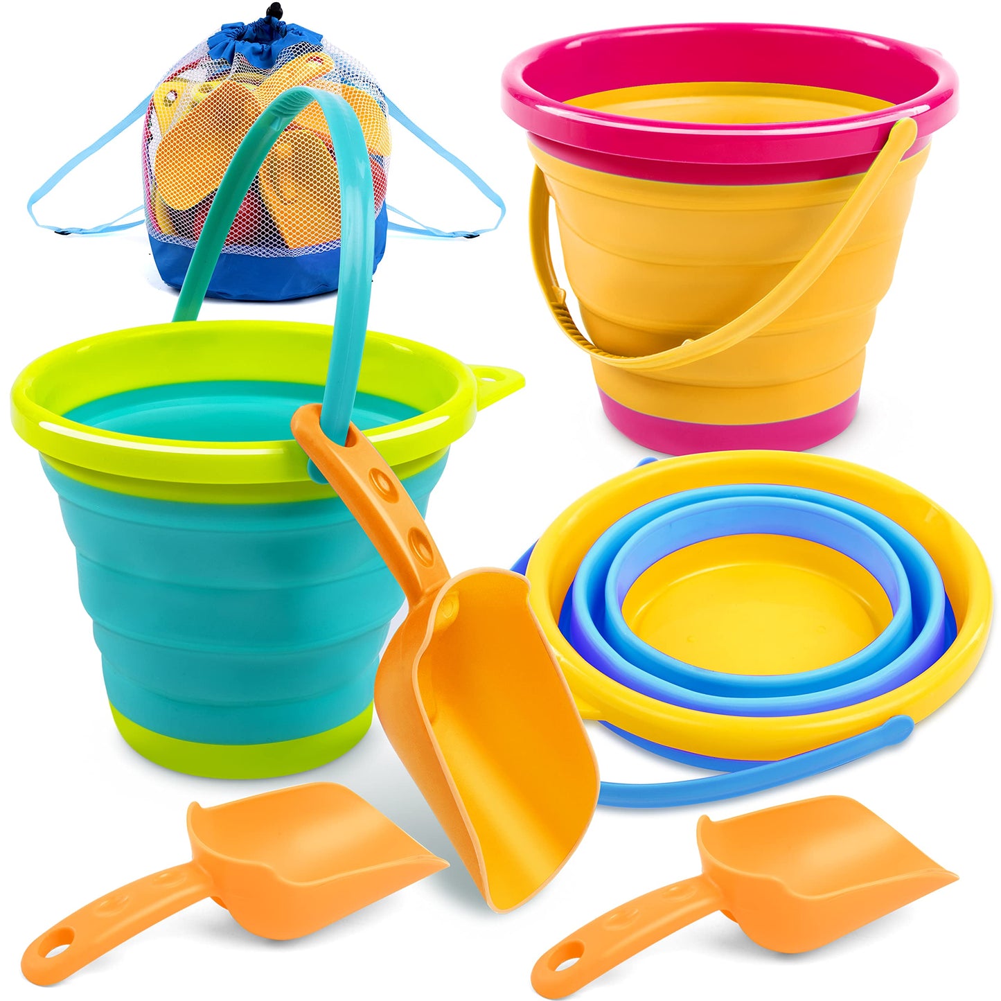 JOYIN 3 Packs Foldable Pail Bucket with Shovels & Mesh Bag, Collapsible Buckets Multi Purpose for Beach, Camping Gear, Beach Party, Fishing, and Fun