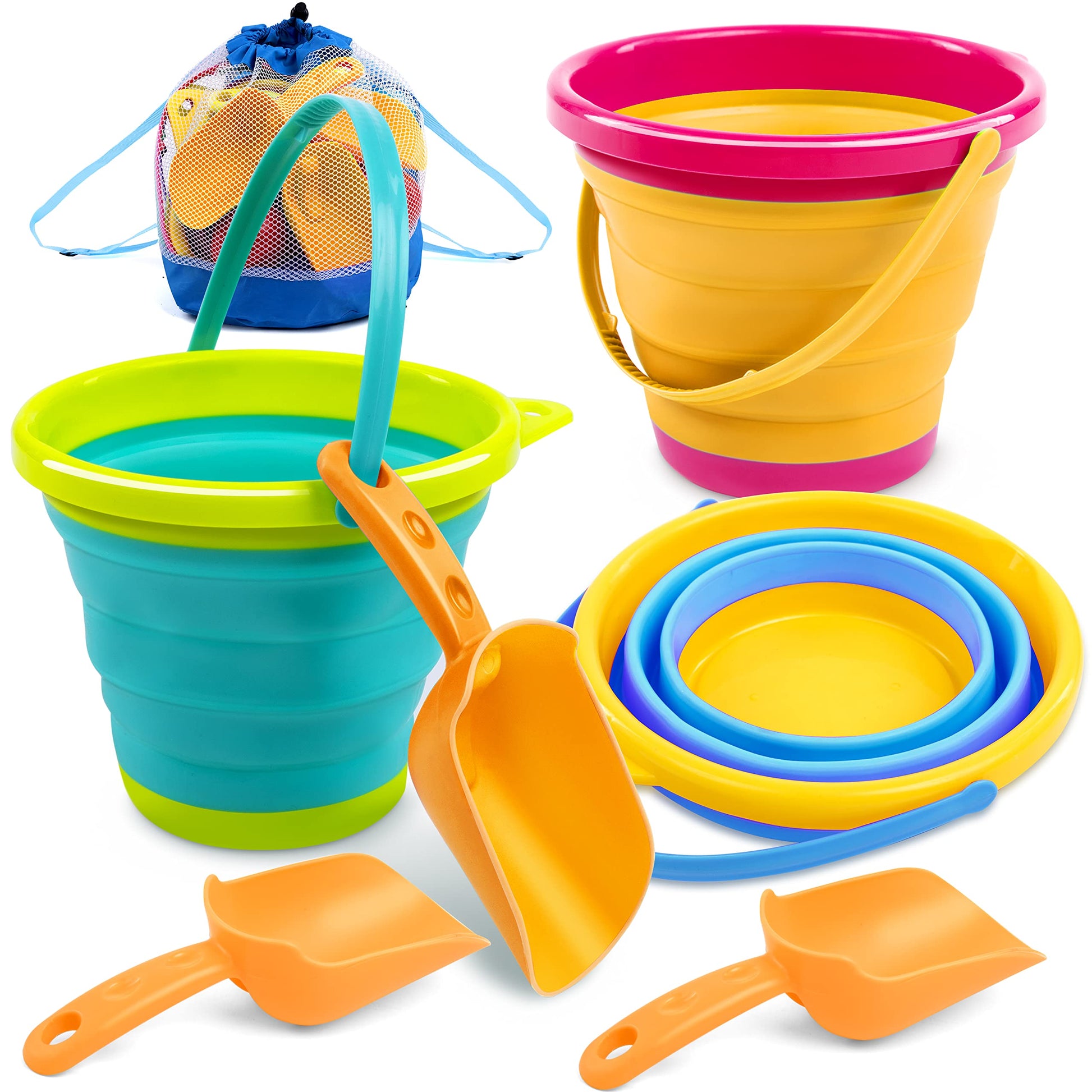 JOYIN 3 Packs Foldable Pail Bucket with Shovels & Mesh Bag, Collapsible Buckets Multi Purpose for Beach, Camping Gear, Beach Party, Fishing, and Fun