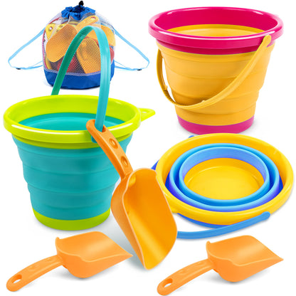 JOYIN 3 Packs Foldable Pail Bucket with Shovels & Mesh Bag, Collapsible Buckets Multi Purpose for Beach, Camping Gear, Beach Party, Fishing, and Fun