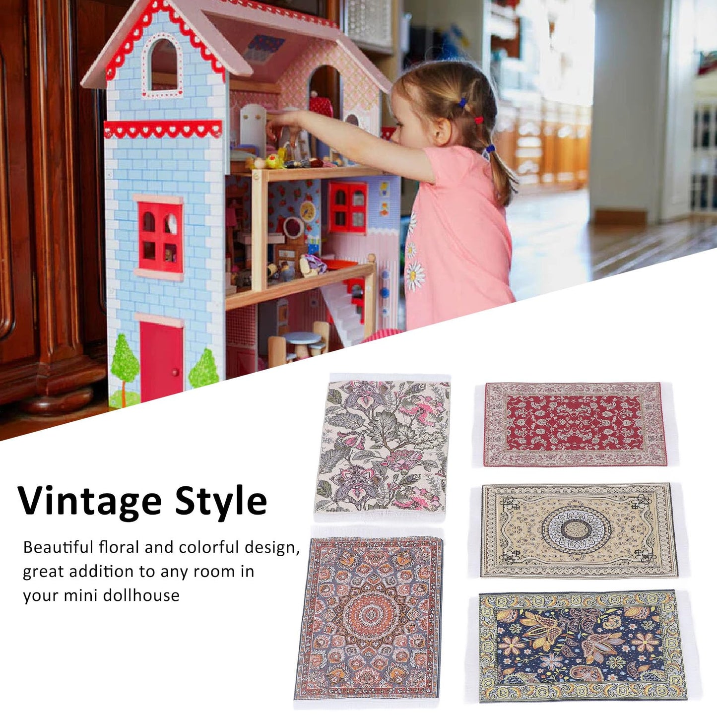 Moofey 5 PCS 1:12 Dollhouse Rug, Doll House Accessories and Furniture, Miniature Carpet Welcome Floor Blanket