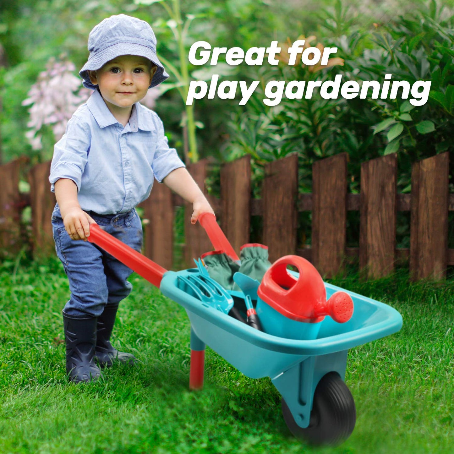 CUTE STONE Kids Gardening Tool Set, Garden Toys with Wheelbarrow, Watering Can, Gardening Gloves, Hand Rake, Shovel, Trowel, Double Hoe, Apron
