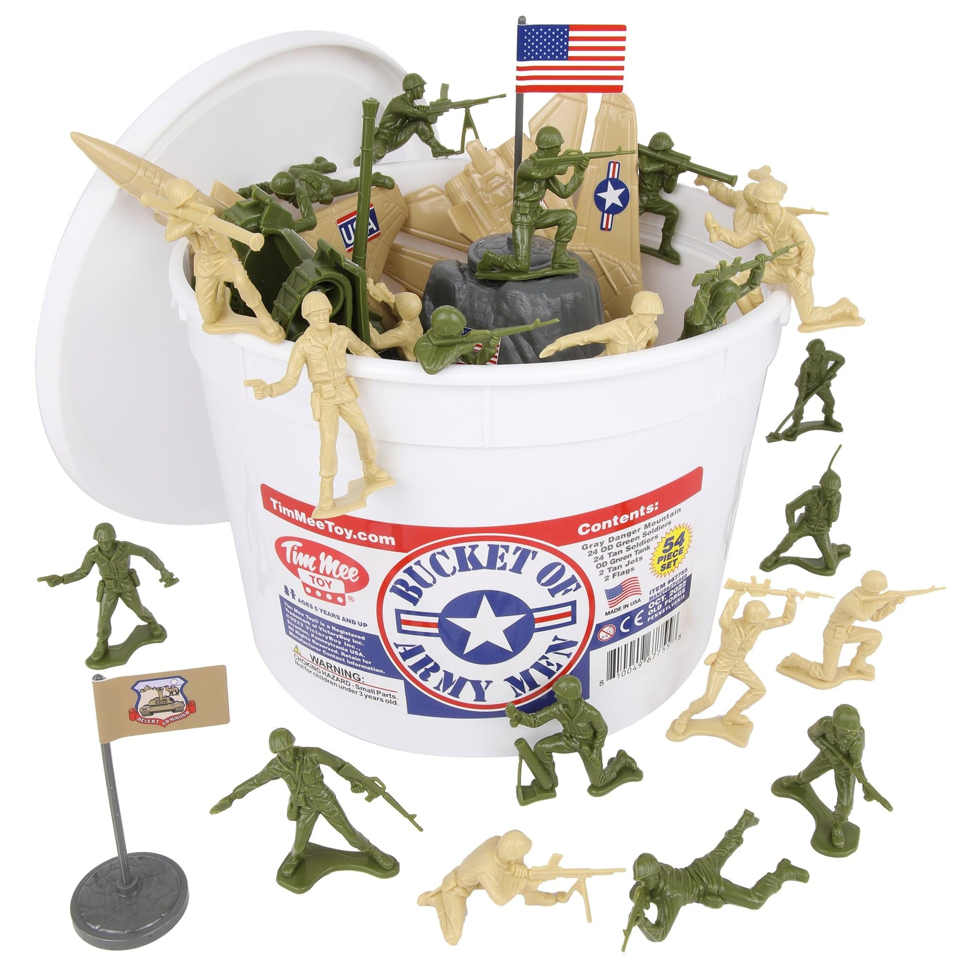 TimMee Bucket of Army Men - OD Green vs. Tan 54pc Soldier Playset - Made in USA