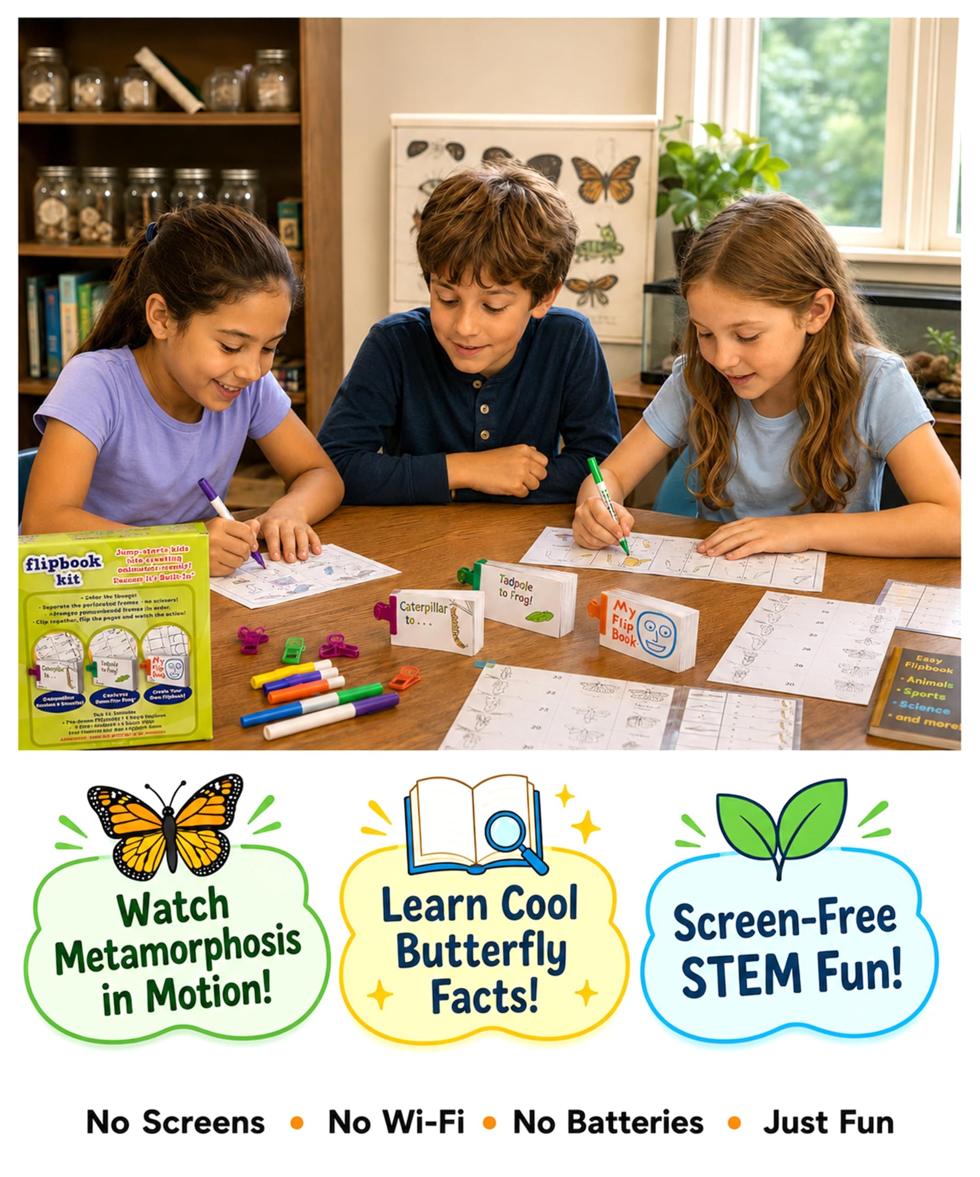 Fliptomania Flipbook Make-Your-Own Flip Book Kit for Kids 3 Pack, Butterfly, Frog, & Blank DIY Flipbook Paper, Drawing Kids Arts & Crafts Project Set