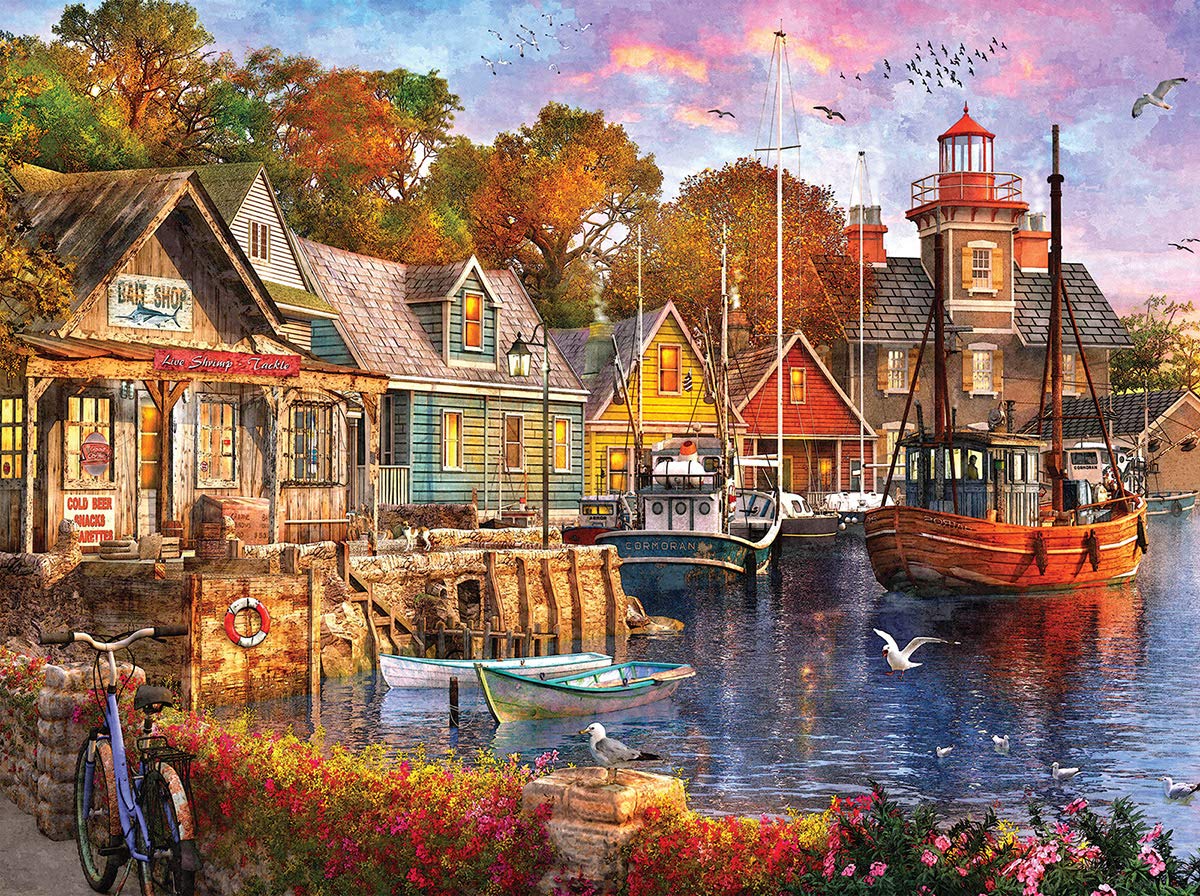 White Mountain 1000 Piece Jigsaw Puzzle Lighthouse Boats Waterside Puzzles with Large Pieces for Adults and Family 24"x30" - Harbor Evening