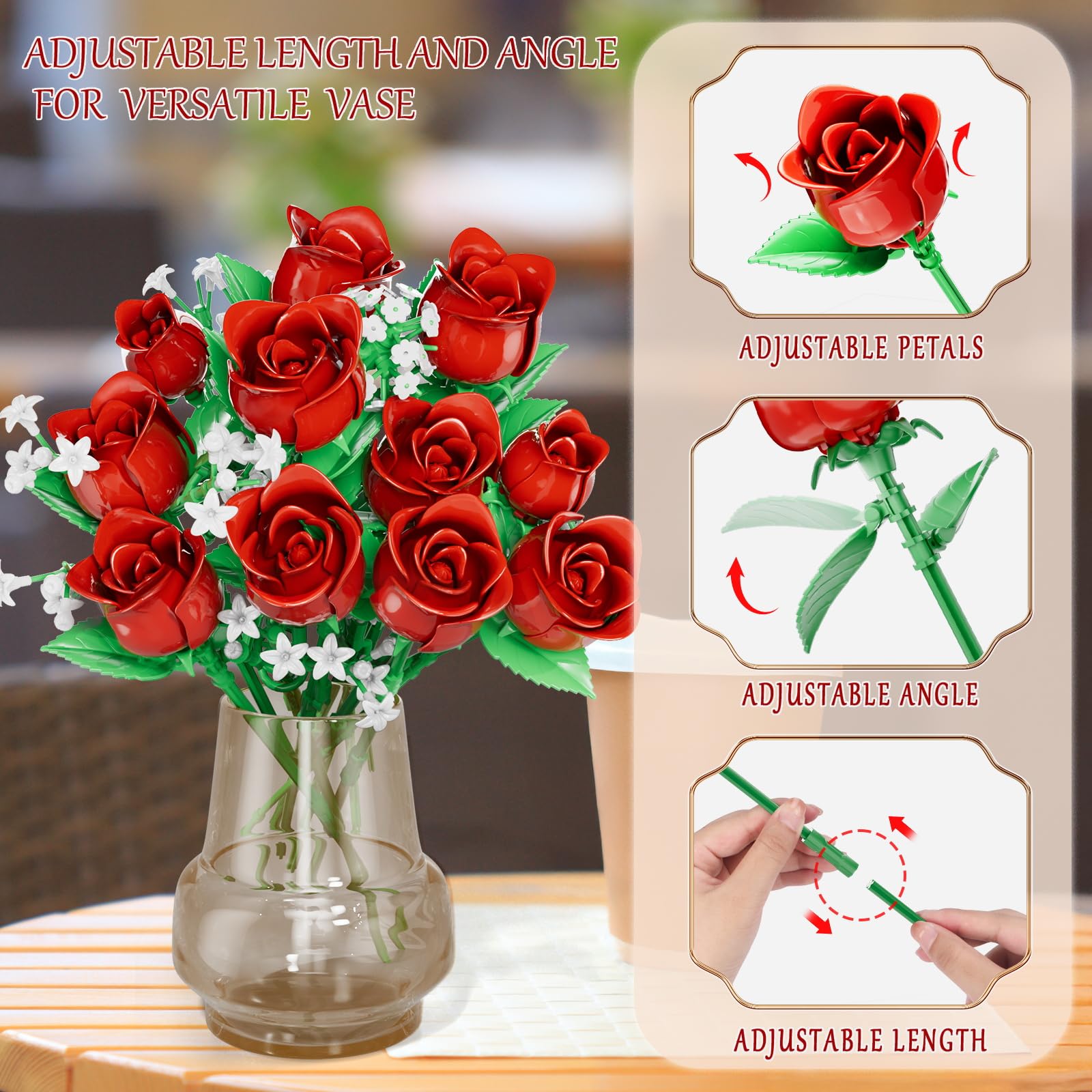 eafzv Roses Flower Bouquet Kit, Red Rose Building Flower Bouquet Kit for Adults & Kids, DIY Artificial Flowers Set for Home Decor, Botanical