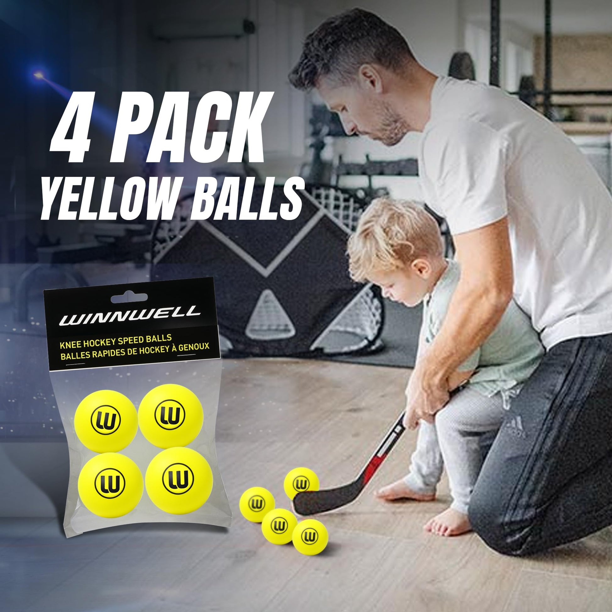 Winnwell Knee Hockey Foam Balls - Indoor Mini Stick Hockey Balls - Soft Foam 4-Pack with Drawstring Bag - 2" Diameter Ball