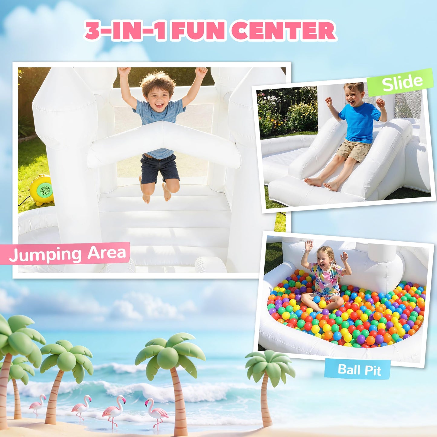 Qaba 8.2FT x 7.4FT White Bounce House 3-in-1 with Slide for Kids Ages 3-8