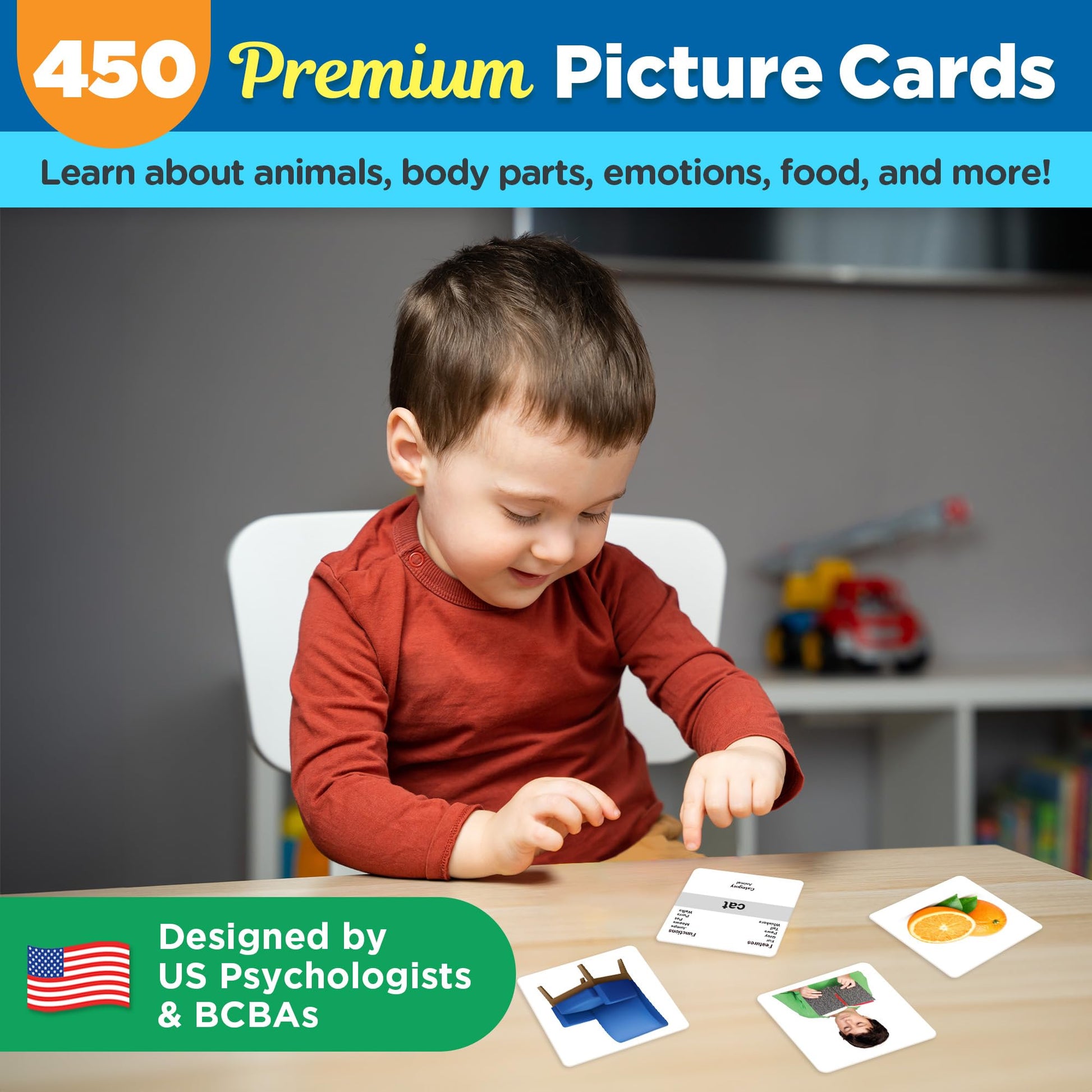 ThinkPsych 450 Thick Picture Cards for Autism Speech Therapy Materials - Flash Cards for Toddlers - Animals, Body Parts, Emotions, Food, Vegetables