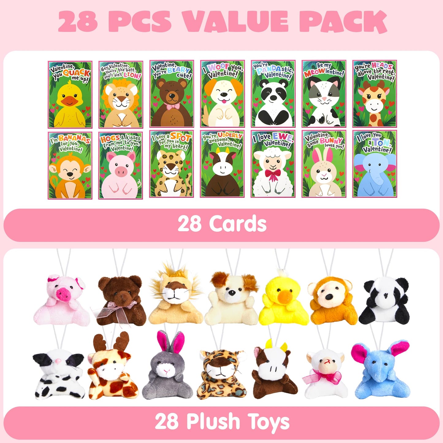 JOYIN 28 Pack Valentine's Day Gifts Cards for Kids with Plush Toy Key Chain Stress Relief Toy for Classroom Exchange Cards and Kids Party Favor