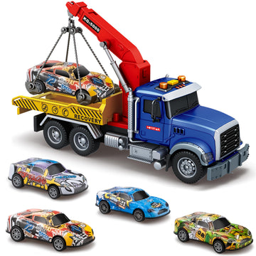 I DIY Big Tow Truck Toy Set With 4pcs Pull-Back Race Car, Friction Powered Transport Truck, Light & Sounds - Construction Toy for Boys Age 3-8
