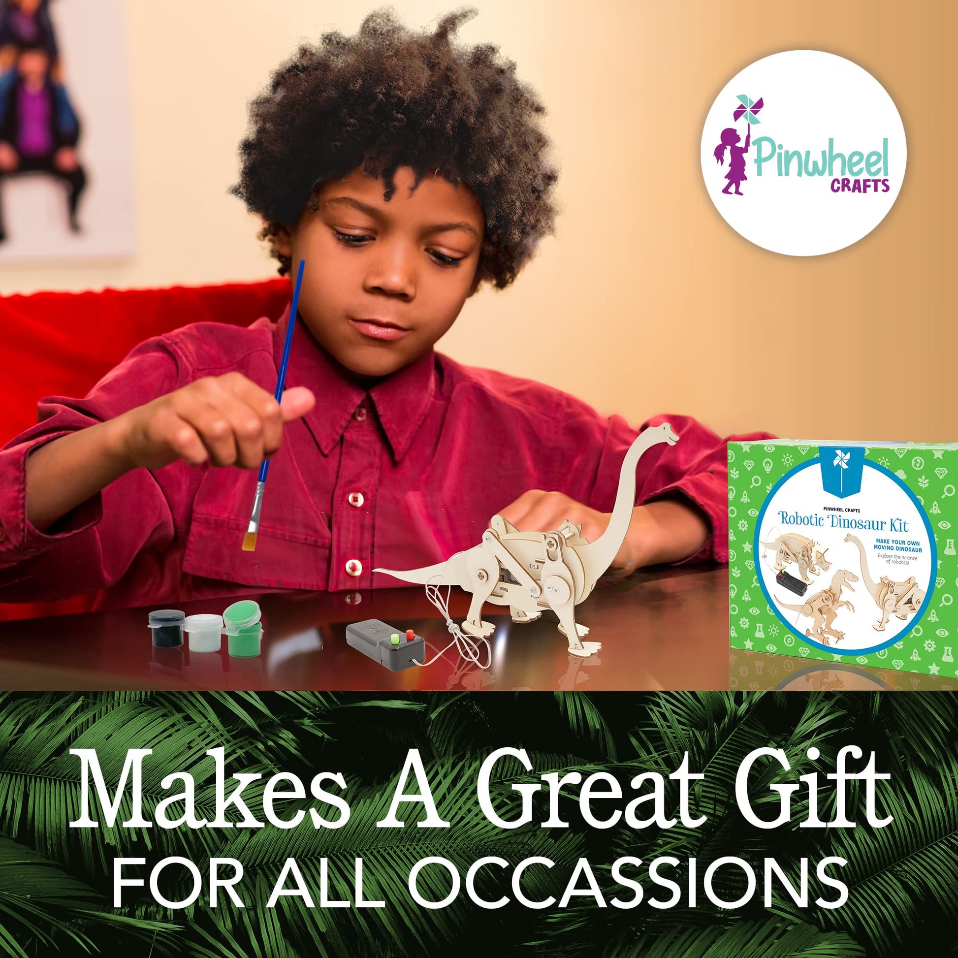 Pinwheel Crafts Robotic Dinosaur Arts & Crafts Science Kit for Kids Ages 6-12 - Wooden Dinosaur Toys with Paints - Ideal Gift for 6-Year-Old Boys