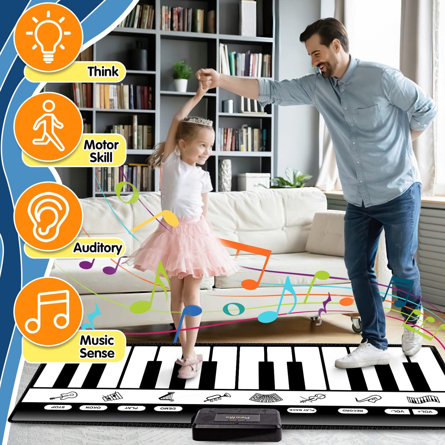 TWFRIC 6ft. Piano Mat with 24 Keys & 10 Demos & 8 Musical Instruments Sounds & 4 Play Modes, Giant Dance Floor Piano Music Play Mat 71'' Large