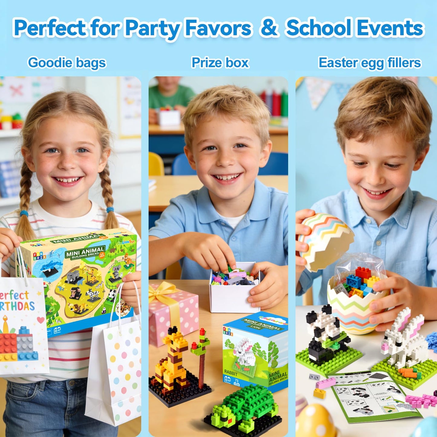 FUN LITTLE TOYS Mini Animal Building Blocks - 12 Pack, No Duplicates, Individually Boxed Zoo Sets for Kids 6-12, Party Favors, Classroom Prizes