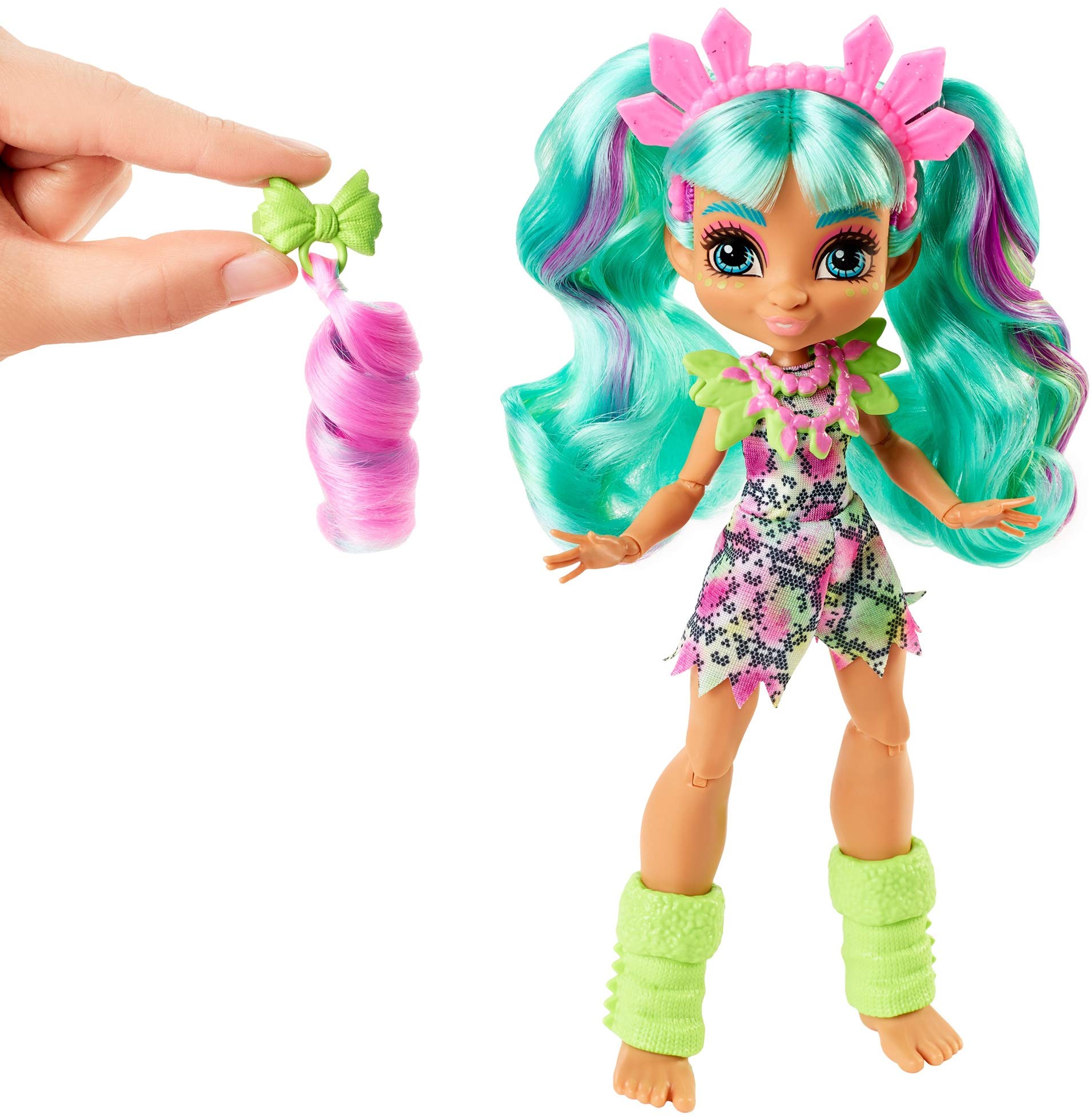Mattel Cave Club Rockelle Doll (8 10-inch, Teal Hair) Poseable Prehistoric Fashion Doll with Dinosaur Pet and Accessories, Gift for 4 Year Olds and Up