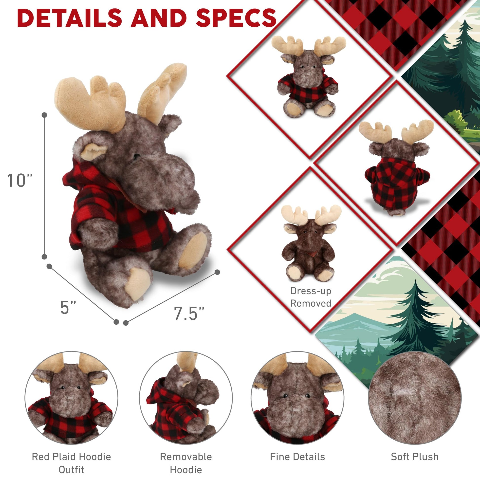 DolliBu Soft Brownish Sitting Moose Stuffed Animal with Plaid Red Hoodie Sweater and Personalization - Moose Plush Lumberjack Stuffed Toy with Plaid