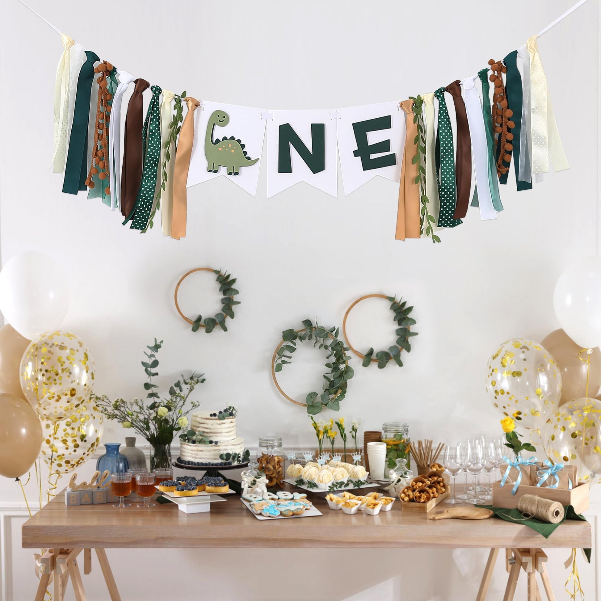 Dinosaur 1st Birthday High Chair Banner - Baby Boy First Highchair Banner for Party Supplies, Dinosaur Themed One High Chair Garland Birthday Party
